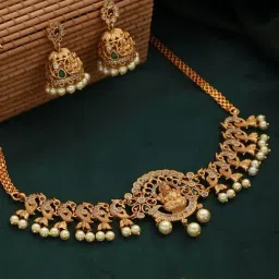 Aatmana Gold-Plated & AD Stone Studded Peacock-Shaped Temple Choker Necklace Set-40