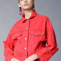 Tokyo Talkies Women Red Solid Denim Jacket-image-56
