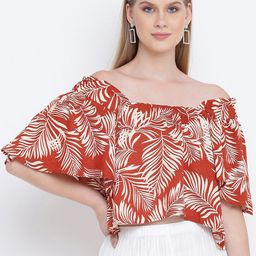 Oxolloxo Women Rust & White Tropical Off-Shoulder Crepe High Low Top-image-68