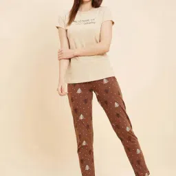 Sweet Dreams Beige & Brown Cotton Printed T-Shirt Pyjama Set-image-99