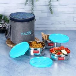 HAZEL Multicolor Stainless Steel 3 Office Air Tight Lunch Box With Lunch Bag(300 Ml) (1.2 L)-12