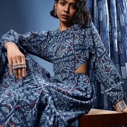 Taavi Floral Printed A-Line Maxi Pure Cotton Dabu Ethnic Dress-image-10