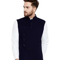 Hypernation Navy Sleeveless Slim Fit Solid Waistcoat-image-29