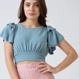 SZN Flutter Sleeve Cinched Waist Crop Top-10