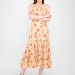 MARC LOUIS Beige & Red Floral Printed Halter Neck Cotton Midi Dress-image-63