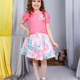 Peppermint Girls Printed Puffed Sleeves Top with Skirt-image-86