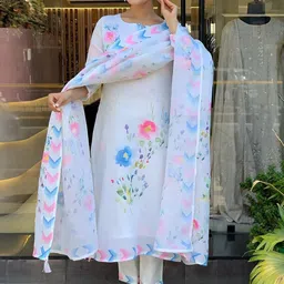 Navlik Floral Printed Round Neck Linen Kurta With Trousers & Dupatta-picture-39