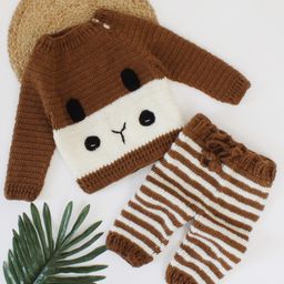 Woonie Handmade Full Sleeves Bunny Face Detail Sweater With Striped Pant - Brown-picture-47
