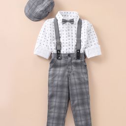 Babyhug Lycra Blend Full Sleeves Shirt & Trousers With A Suspender & Hat Checked- White & Grey-image-56
