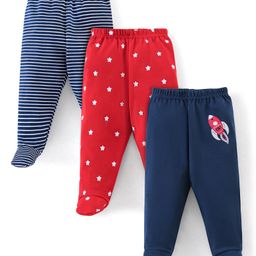 Babyhug Cotton Booties Pant Striped & Star Print Pack of 3 - Blue & Red-image-59