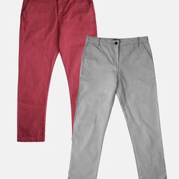 Kiddopanti Pack Of 2 Solid Pants - Maroon & Grey-image-2