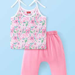 Babyhug 100% Cotton Woven Sleeveless Jhabla & Pajama Set Floral Print - Pink-image-10