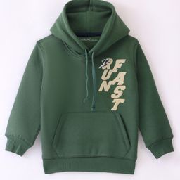 Doreme Fleece Full Sleeves Hooded Sweatshirt with Text Print - Green-13