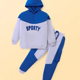 Kookie Kids Full Sleeves Cut & Sew Hooded Winter Wear Sweatshirt & Joggers Set with Text Print - Blue & Grey-picture-45