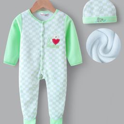 Kookie Kids Full Sleeves Front Open Checkered Romper withCap Bear & Bunny Embroidery - Light Green-image-68