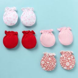 Ben Benny 100% Cotton Knit Mittens Solid Floral & Heart Print Pack of 4 - Red Pink & White-image-9