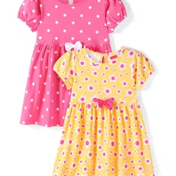 Babyhug Single Jersey Knit Half Sleeves Frocks With Bow Applique & Floral Print Pack Of 2 - Pink & Yellow-picture-41