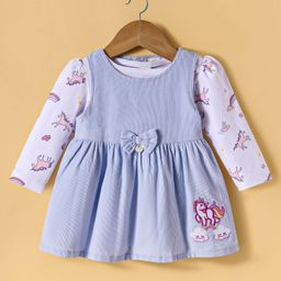 ToffyHouse 100% Cotton Knit Woven Full Sleeves Unicorn Printed T-Shirt & Frock with Patch & Bow Applique - Light Blue-picture-27