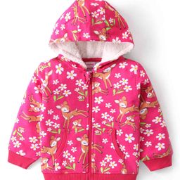 Babyhug Cotton Knit Full Sleeves Front Open Hooded Sweatjacket with Deer Print & Kangaroo Pockets - Pink-image-24