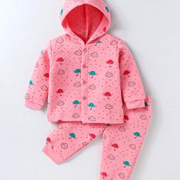 Tango Full Sleeves Front Open Hooded Winter Night Suit With Hearts Print - Dark Pink-image-48