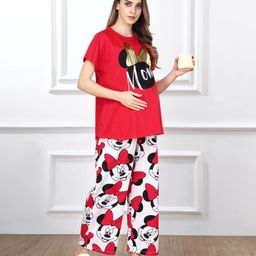 Bella Mama Disney Cotton Knit Half Sleeves Pullover Maternity Night Suit With Minnie Mouse Graphics - Red-image-32