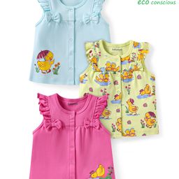Babyoye Eco Conscious 100% Cotton Knit Frill Sleeves Birds Printed Jhablas with Bow Applique Pack of 3 - Dark Pink Light Blue & Green-picture-27