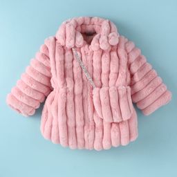 Little Kangaroos Fur Woven Solid Color Winter Jacket with Sling Bag - Baby Pink-image-40