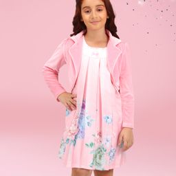 Cutecumber Floral Printed Dress With Full Sleeves Solid Shrug - Pink-image-86