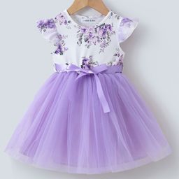 Mark & Mia Cap Sleeves Floral Printed with Ribbon Detailing Flared Party Frock - Purple-image-30