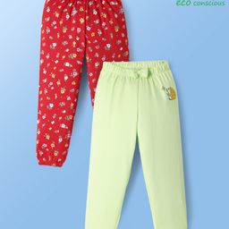 Babyoye 100% Cotton Knit With Eco- Jiva Finish Full Length Leggings With Floral & Animal Print Pack of 2 - Red & Lime Green-image-43