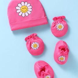 Ben Benny Interlock Knit Cap Mittens & Booties With Floral Print Dark Pink - Diameter 10.5 cm-picture-12
