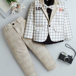 Fourfolds Cotton Full Sleeves Checked 3 Piece Party Suit Set - Beige-picture-41