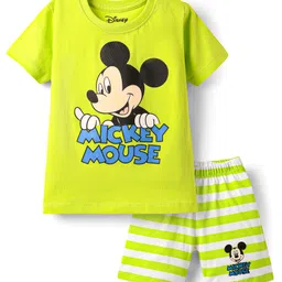 Babyhug Disney Single Jersey Knit Half Sleeves Shorts Night Suit With Mickey Mouse Graphic - White & Limegreen-picture-49