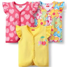 Babyhug 100% Cotton Front Open Frill Sleeves Floral & Hearts Printed Vest Pack Of 3 - Dark Pink Yellow & Light Blue-image-17