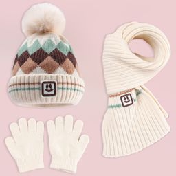 Babyhug Designed Woollen Cap Glove & Muffler Sets with Pom Pom Offwhite - Diameter 12 cm-picture-30