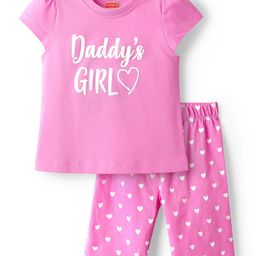 Babyhug Cotton Knit Cap Sleeves Capri Night Suit With Heart Print - Pink-image-51