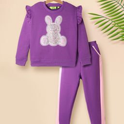 Tiara Fleece Knit Full Sleeves Teddy Bear Sequins Embellished Sweatshirt & Side Taped Joggers Set - Purple-image-65