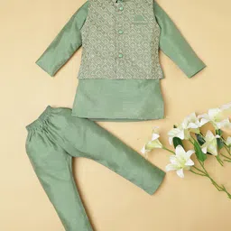 Ridokidz Full Sleeves Solid Kurta & Pyjama With Leaves Embroidered Jacket Set - Pista-picture-23