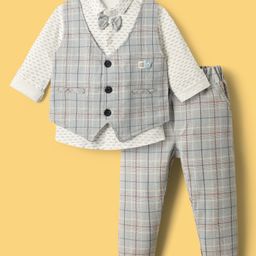Mini Taurus Sinker Knit Full Sleeves Checked Three Piece Party Suit with Bow Applique - Light Grey & White-image-5