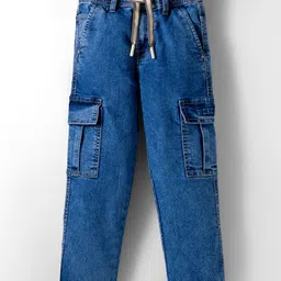 Ruff Denim Woven Full Length Washed Jeans With Cargo Pockets - Blue-picture-7