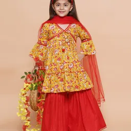MODISH COUTURE Cotton Woven Three Fourth Sleeves Floral Printed & Gota Lace Embellished Kurti Sharara With Dupatta Set - Mustard & Red-picture-27