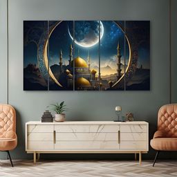The Castle Decor Blue & Brown 5 Pieces Mosque Printed Wall Art-image-54