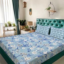 Aura Blue & White Floral Printed 300 TC Fitted Double King Bedsheet Set-2.50 m X 2.25 m-picture-36