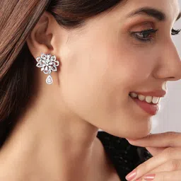 Rubans Rhodium-Plated Floral Cubic Zirconia Studded Dangle Earrings-11