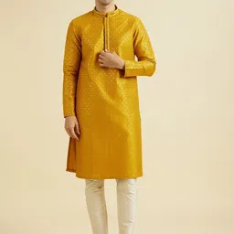 Manyavar Ethnic Motifs Embroidered Mandarin Collar Sequinned Art Silk Kurta With Pyjama-picture-11