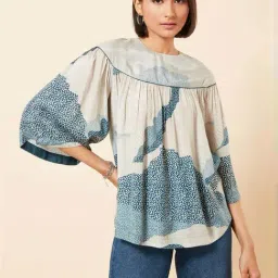 Marigold Lane Beige & Blue Printed Top-image-77