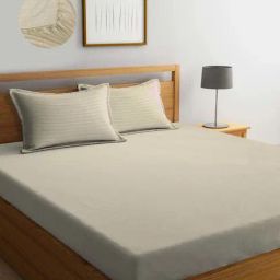 Klotthe Beige Cotton Blend 300 TC Elastic Bed Sheet With 2 Pillow Covers-image-17