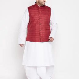 Vastramay Maroon And White Cotton Blend Jacket Kurta Dhoti Set-image-13