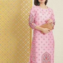 House of Pataudi Women Pink Ethnic Motifs Printed Kurta with Trousers-picture-19