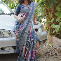 MIRCHI FASHION Blue Floral Print Saree With Unstitched Blouse-picture-48